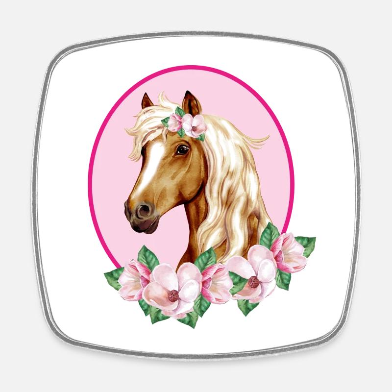 Romantisches braunes Pferd - Blüten rosa - Viereckiger Kühlschrankmagnet - Weiß