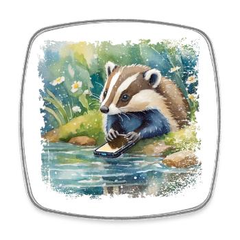 Cute young badger with mobile phone, children's book style - Square fridge magnet - white - Front