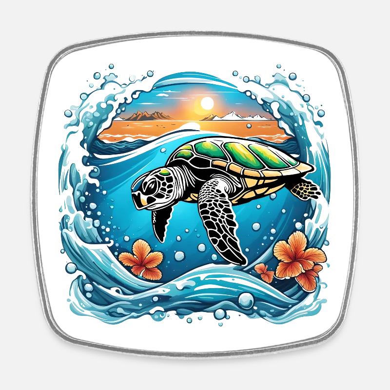 Tortue au coucher de soleil au bord de la mer - Magnet carré - blanc
