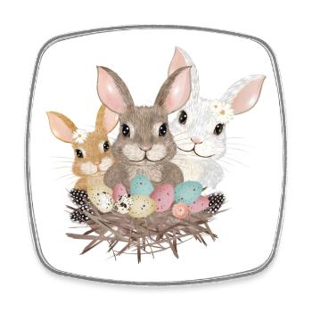 cute easter bunnies family with pastel easter eggs - Square fridge magnet - white - Front
