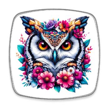 Hibou décoré de fleurs - Magnet carré - blanc - Devant