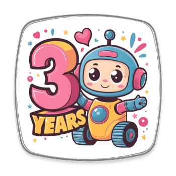 3 Jahre Kleiner Roboter mit bunten Luftballons zum - Viereckiger Kühlschrankmagnet - Weiß - Vorne