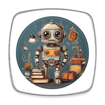 Petit robot drôle avec beaucoup de fournitures scolaires - Magnet carré - blanc - Devant