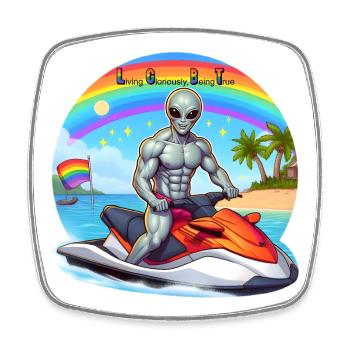AlienJet Ski on the beach - Square fridge magnet - white - Front