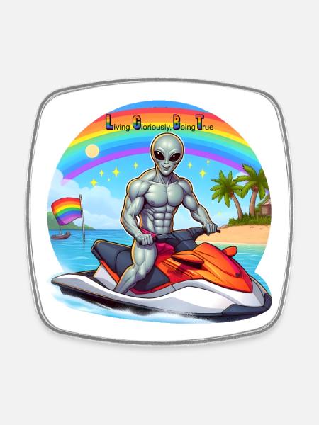 AlienJet Ski on the beach - Square fridge magnet - white