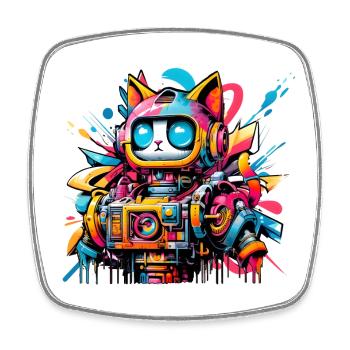 Katze gestaltet als Roboter im Comic Graffiti Stil - Viereckiger Kühlschrankmagnet - Weiß - Vorne
