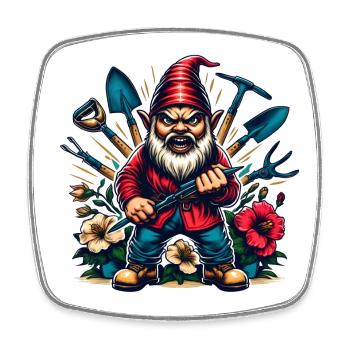 Nain de jardin coloré et sinistre avec des fleurs et des outils - Magnet carré - blanc - Devant