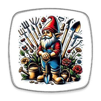 Nain de jardin coloré et vivant entouré d’outils - Magnet carré - blanc - Devant