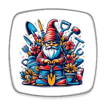 Nain de jardin coloré et sinistre avec des fleurs et des outils - Magnet carré - blanc - Devant