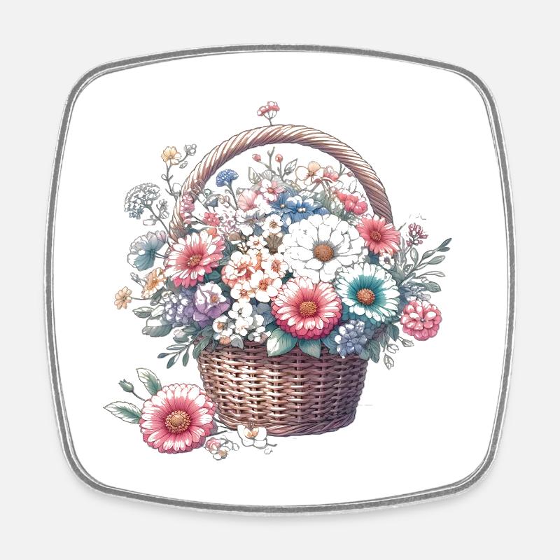Panier somptueusement rempli de fleurs pastel - Magnet carré - blanc