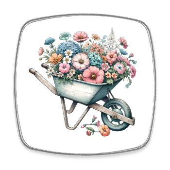 Schubkarre gefüllt mit pastellfarbenen Blumen - Viereckiger Kühlschrankmagnet - Weiß - Vorne