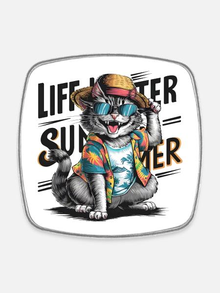 Cute Cat with Summer Outfit and Sunglasses - Square fridge magnet - white