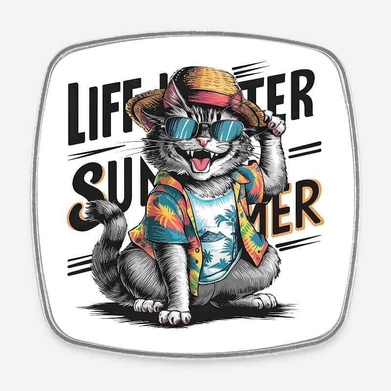 Cute Cat with Summer Outfit and Sunglasses - Square fridge magnet - white