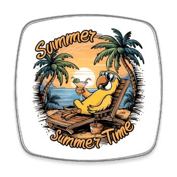 Summer parrot with sunglasses on beach chair - Square fridge magnet - white - Front