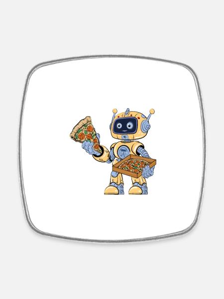 Robot eats pizza - Square fridge magnet - white