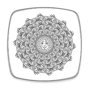 Banc de poissons en cercle et soleil noir et blanc - Magnet carré - blanc - Devant
