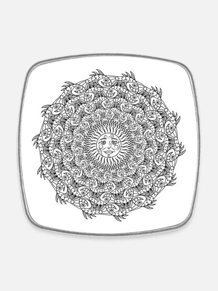 School of fish in circle and black and white sun - Square fridge magnet - white