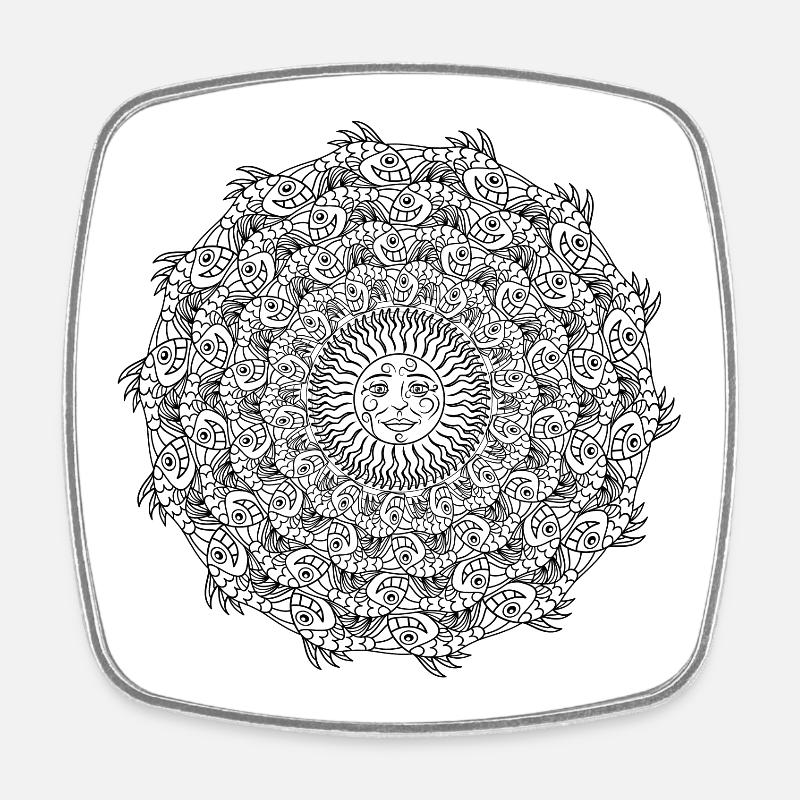 Banc de poissons en cercle et soleil noir et blanc - Magnet carré - blanc