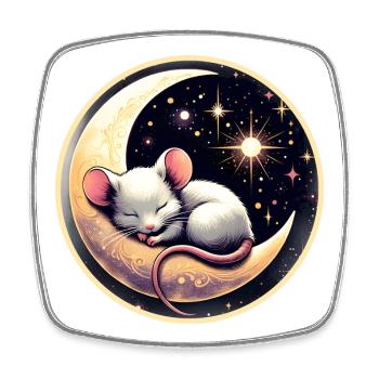 souris endormie paisiblement, sur un croissant de lune - Magnet carré - blanc - Devant