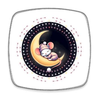 souris endormie paisiblement, sur un croissant de lune - Magnet carré - blanc - Devant