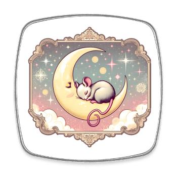 souris endormie paisiblement, sur un croissant de lune - Magnet carré - blanc - Devant