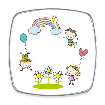Fröhliche Kinder mit Regenbogen Blumen Luftballon  - Viereckiger Kühlschrankmagnet - Weiß - Vorne