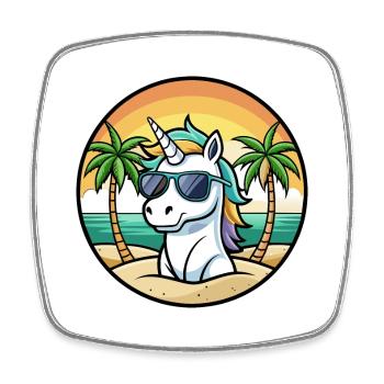 Ambiances de plage avec lunettes de soleil licorne cool coucher de soleil - Magnet carré - blanc - Devant