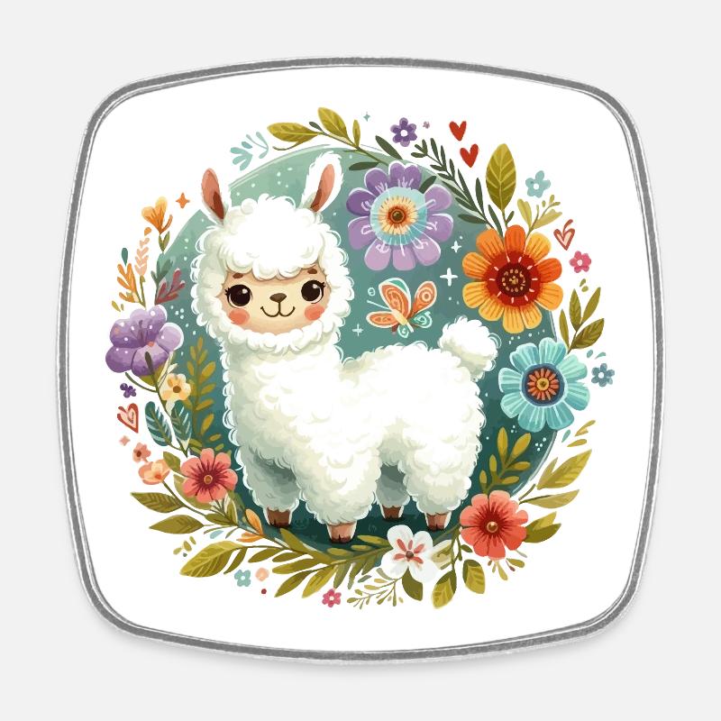 Floral with a little llama - Square fridge magnet - white