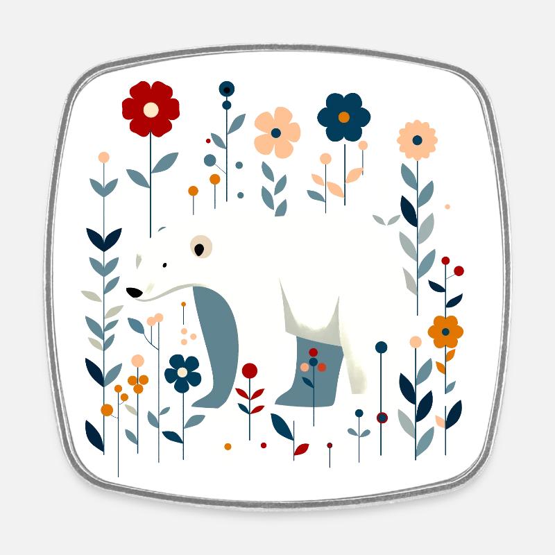 Floral polar bear - Square fridge magnet - white