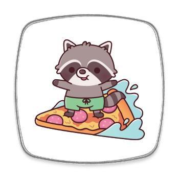 Raton laveur mignon surfant sur une pizza géante drôle - Magnet carré - blanc - Devant