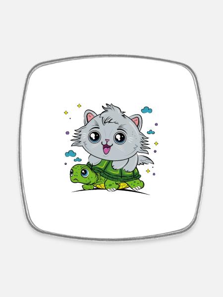 Cat on tortoise - Square fridge magnet - white