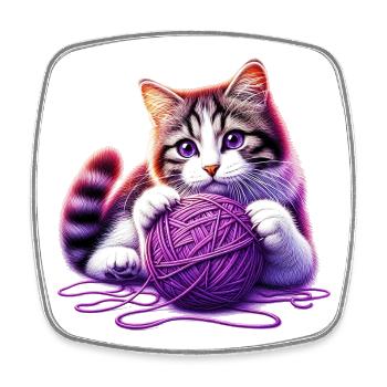 Cat plays with a ball of yarn - Square fridge magnet - white - Front