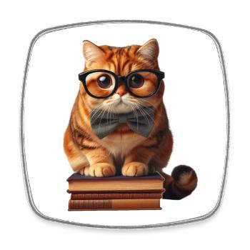 Witzige Katze mit Brille auf Bücherstapel - Viereckiger Kühlschrankmagnet - Weiß - Vorne