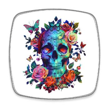 Totenkopf mit Blumen und Schmetterling - Viereckiger Kühlschrankmagnet - Weiß - Vorne