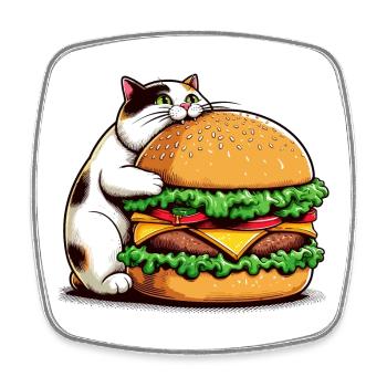 Chat gourmand et hamburger - Magnet carré - blanc - Devant