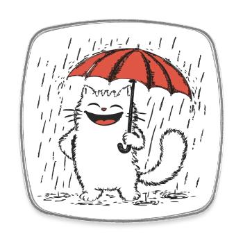 Chat heureux sous la pluie - Magnet carré - blanc - Devant