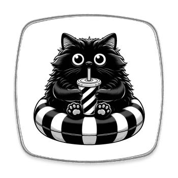 Süße fette schwarze Katze mit Soda: Lazy Summer Vibes - Viereckiger Kühlschrankmagnet - Weiß - Vorne