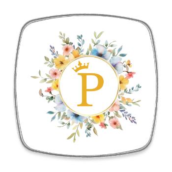 P Monogram, Flower Circle, Personalizable - Square fridge magnet - white - Front