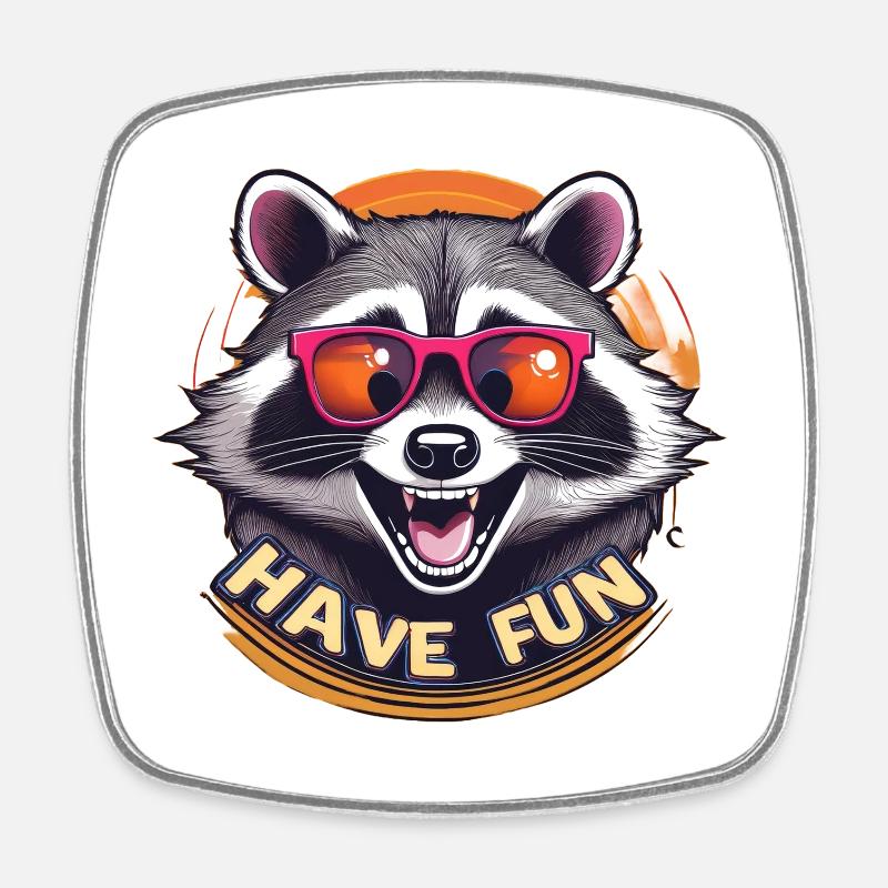 Playful raccoon with sunglasses - Square fridge magnet - white