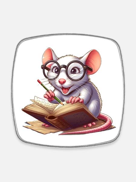 Bookworm with glasses - Square fridge magnet - white