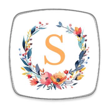 S monogramme, Couronne de fleurs, Personnalisable - Magnet carré - blanc - Devant