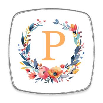 P Monogramm, Blumen-Kranz, personalisierbar - Viereckiger Kühlschrankmagnet - Weiß - Vorne