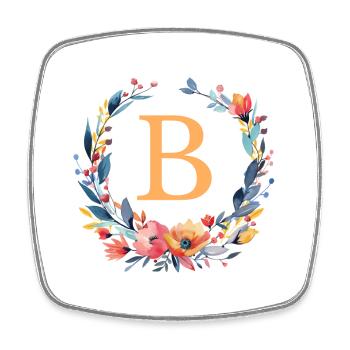 B Monogramm, Blumen-Kranz, personalisierbar - Viereckiger Kühlschrankmagnet - Weiß - Vorne