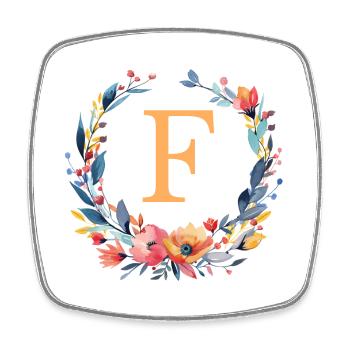 F Monogram, Couronne de fleurs, Personnalisable - Magnet carré - blanc - Devant