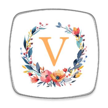 V Monogram, Flower Wreath, Personalizable - Square fridge magnet - white - Front
