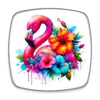 Flamingo verziert mit Hibiskusblüten - Viereckiger Kühlschrankmagnet - Weiß - Vorne