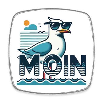 Moin - North German, Low German with a cool seagull - Square fridge magnet - white - Front