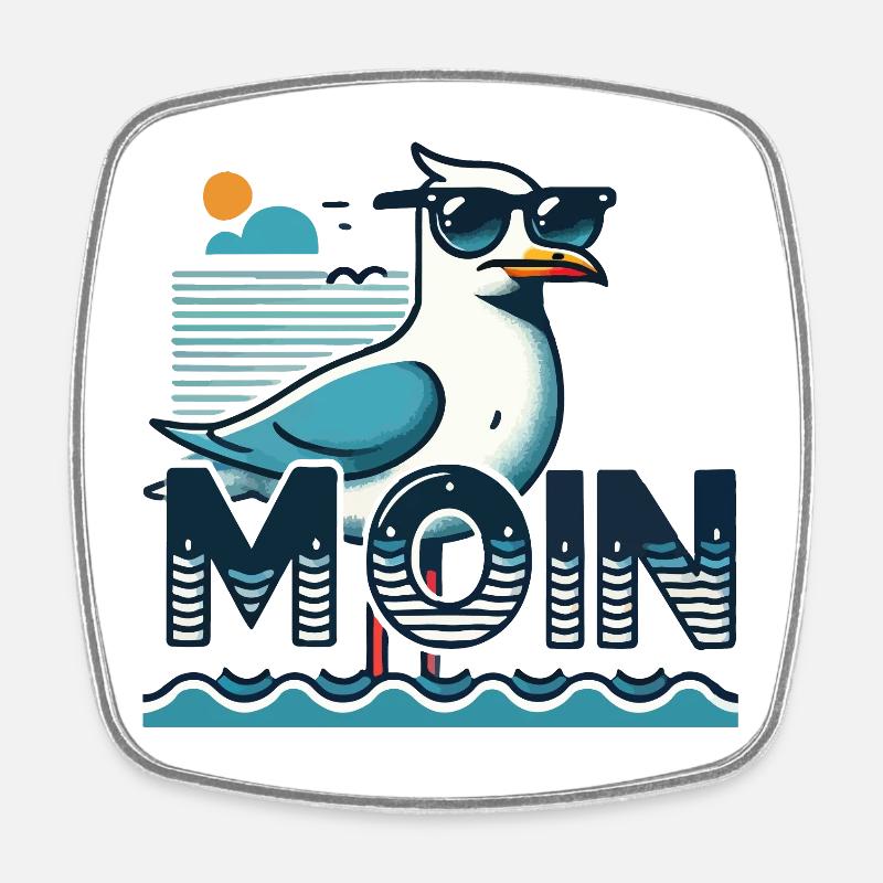 Moin - North German, Low German with a cool seagull - Square fridge magnet - white