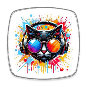 DJ Cat - Disco & Party Cat - avec des touches de couleur - Magnet carré - blanc - Devant