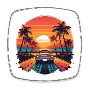 Retro Car Palm Sunset – Vintage Beach Drive Art - Square fridge magnet - white - Front